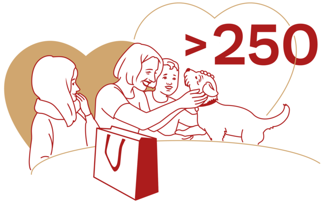 Ilustração com três figuras: duas mulheres observando uma mulher que acaricia um cachorro. Acima, há um coração e o número ">250" em destaque.