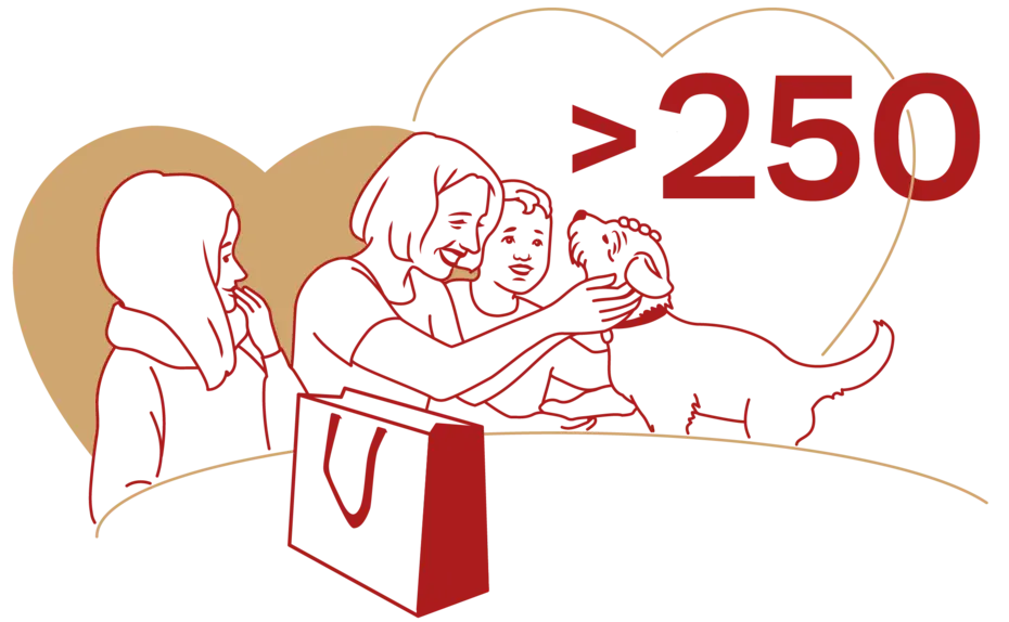 Ilustração com três figuras: duas mulheres observando uma mulher que acaricia um cachorro. Acima, há um coração e o número ">250" em destaque.